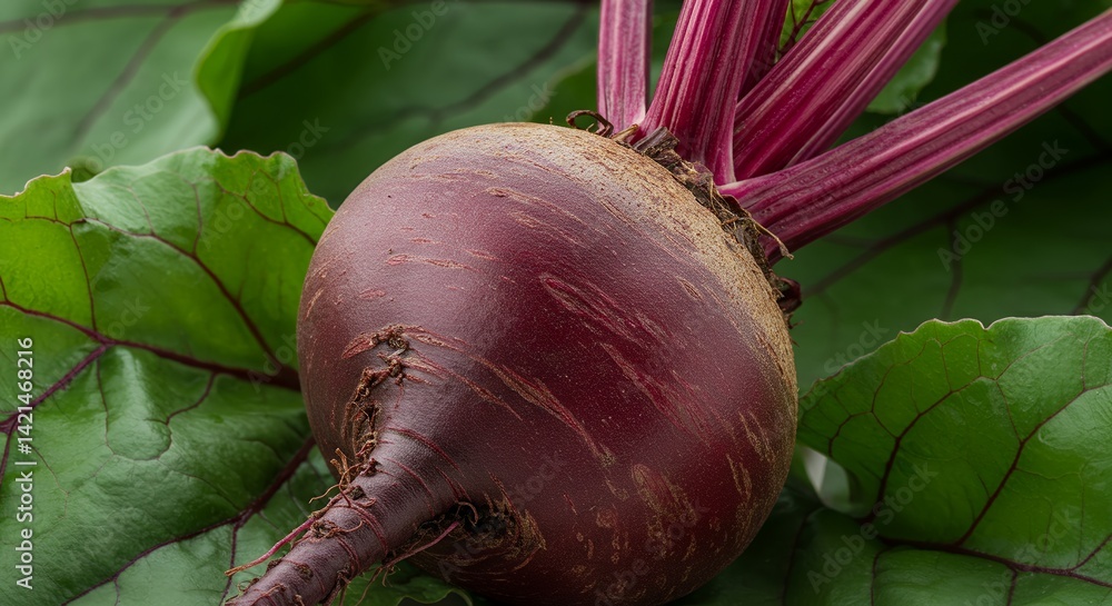 Poster detailed botanical real shot of beet beta vulgaris highlighting root and leaf structure with vibrant