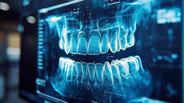 An x-ray showing teeth on a monitor in blue, a dental scan image.
