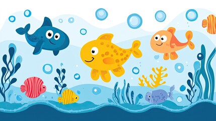 Naklejka premium Underwater World: Colorful Fish and Sea Life Cartoon Illustration