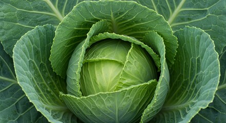 Fototapeta premium Detailed Botanical Real Shot of Green Cabbage Brassica Oleracea Showing Leaf Layers and Head Formation Perfect for Culinary Art Nutrition Illustration Food Blog and Agricultural Promotion