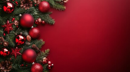 Festive christmas ornaments and evergreen branches adorn a red background