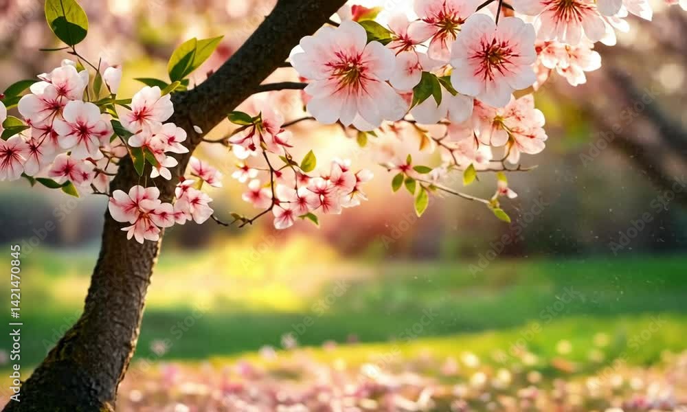Poster tree covered in beautiful blossoms illuminated by bright daylight creating a serene scene made with 