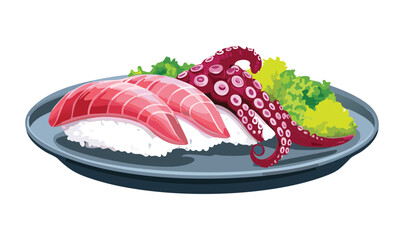 Fresh Sushi with Tuna Octopus - Vector Illustration