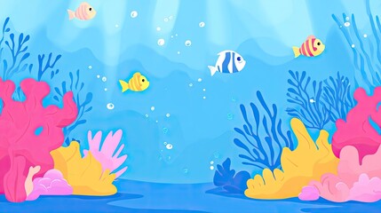 Vibrant Underwater Scene: Colorful Coral Reef with Playful Fish Swimming in a Serene Ocean