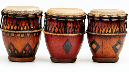 Traditional hand-crafted drums displayed in vibrant colors showcasing intricate designs and craftsmanship