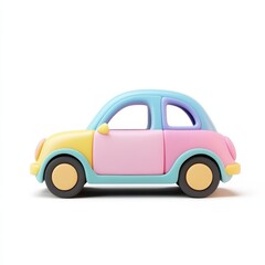 Minimalist 3D icon of a colorful pastel toy car with smooth rounded edges, designed in soft gradient shades on a white background. Perfect for kid-friendly or playful content.