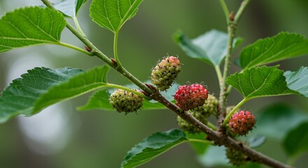 Obraz premium Detailed Botanical Real Shot of Mulberry Morus Alba Highlighting Fruit Clusters and Leaf Shape with Lush Green Backdrop Showcasing Natural Beauty and Progression