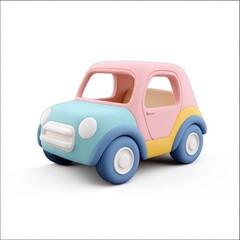 Minimalist 3D icon of a colorful pastel toy car with smooth rounded edges, designed in soft gradient shades on a white background. Perfect for kid-friendly or playful content.