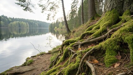 lakeside forest eco Concept. Lush forest roots by a serene lake under a cloudy sky, creating a tranquil atmosphere.