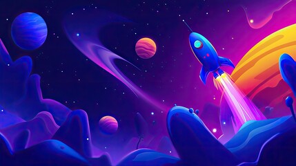 Cosmic Rocket Launch: A Vibrant Journey Through Neon Planets and Starry Skies