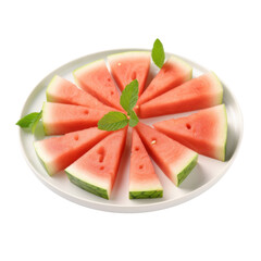 Slices of ripe watermelon arranged on white plate with mint leaves on transparent background