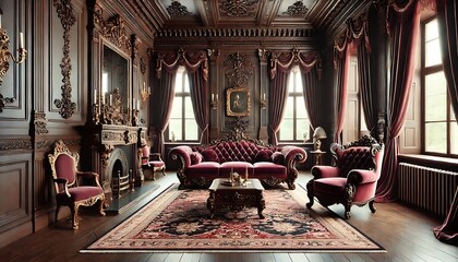 Fototapeta premium Victorian-style living room featuring a plush velvet sofa in rich burgundy, set against dark wooden. Generative AI