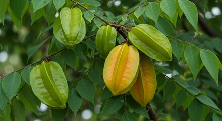 Detailed Botanical Real Shot of Starfruit Averrhoa Carambola Showing Fruit and Leaf Arrangement in Green and Yellow Against Soft Blurred Background Representing Growth and Nature's Beauty