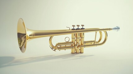 Obraz premium Golden trumpet resting on a neutral background, showcasing its shiny finish and intricate design details