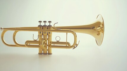 Fototapeta premium Gold trumpet resting on a smooth surface, reflecting light in a simple and elegant setting