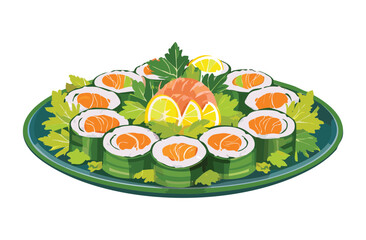 Rice Roll Sushi with Salmon - Vector Illustration