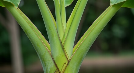 Obraz premium Detailed Botanical Shot of Banana Musa Acuminata Plant Showing Green Stem Structure and Leaf Arrangement