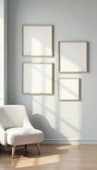 Empty frames on light gray wall, soft lighting , room, backdrop