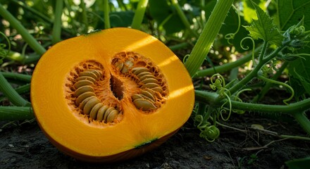 Detailed Botanical Shot of Orange Pumpkin Cross Section Displaying Seeds with Green Vine Tendrils and Leaves in Natural Sunlight Perfect for Autumn Harvest and Thanksgiving Theme