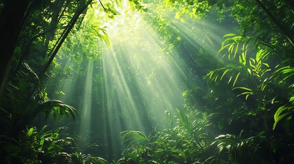 Obraz premium Mystical green forest sunlight beam dark nature background