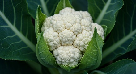 Detailed Botanical View of Cauliflower Brassica Oleracea Highlighting Flower Buds and Leaves on Natural Green Garden Setting with Organic Texture and Freshness