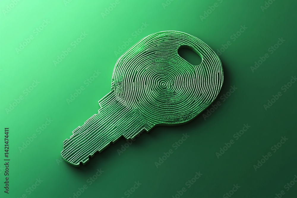 Poster green key with fingerprint design on green background security access concept