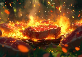 Flaming steaks on a grill (1)