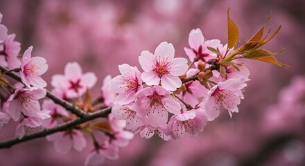 Obraz premium Detailed Cherry Blossom Close Up Prunus Serrulata Petal Details Branches With Soft Blurred Background Delicate Pink and White Flowers Spring Season