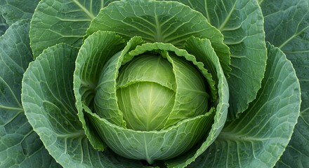 Fototapeta premium Detailed Close Up of a Fresh Green Cabbage Brassica Oleracea Head Showing Concentric Leaf Layers and Natural Geometry in a Real Shot Perfect for Agriculture Content