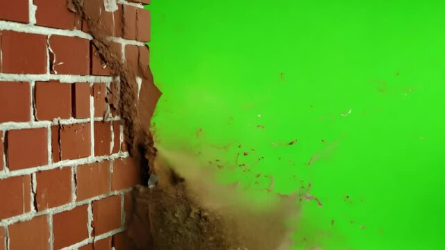 Grunge textured old green brick wall with a hole reveals a patch of vibrant grass