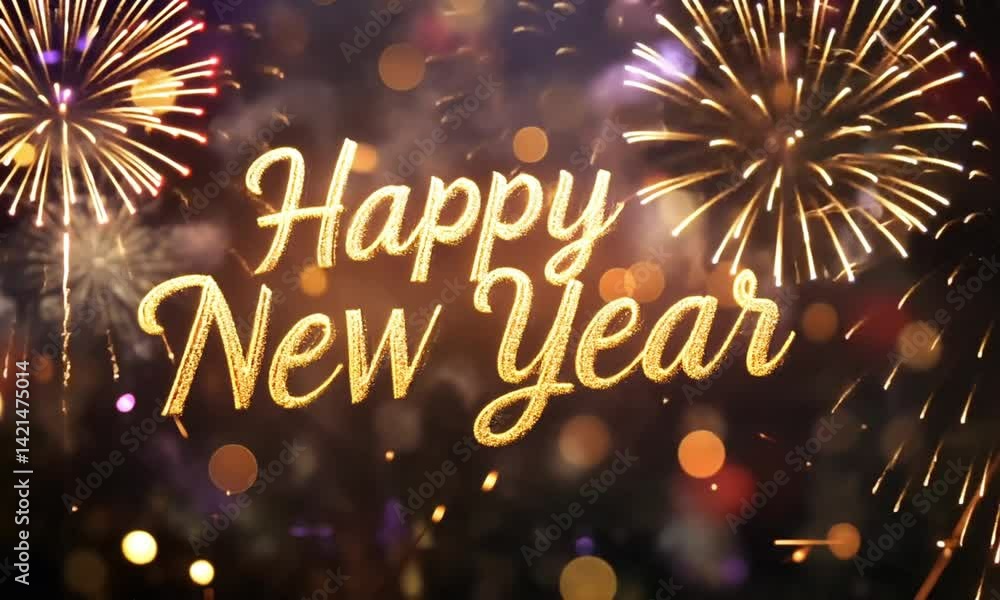 Poster new year's eve celebration with happy new year text in elegant gold cursive surrounded by fireworks 