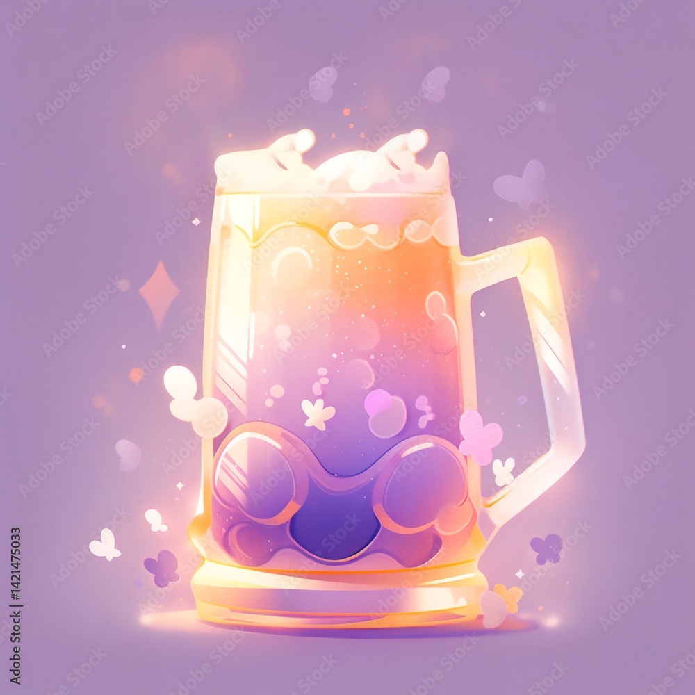 Poster パステルカラーの幻想的な飲み物グラスのイラスト 光と星と泡が輝く 美しいデザイン