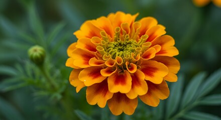 Detailed Close Up of a Vibrant Orange and Yellow Marigold Flower with Green Leaves Showing Intricate Petal and Leaf Arrangement in Soft Natural Light and Sharp Focus