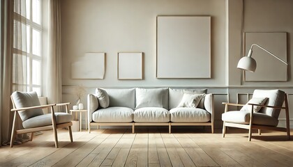 A wide view of a Scandinavian-style living room featuring a light grey fabric sofa with clean, minimalist lines.  Generative AI