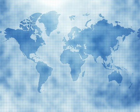 Fototapeta Global business concept background with world map overlay, technology grid and blue tone