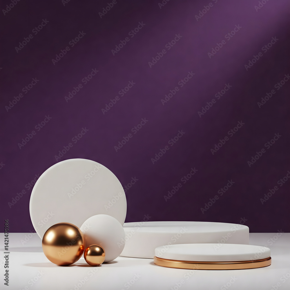 Poster minimalist stage display: a collection of abstract spherical and cylindrical shapes set against a vi