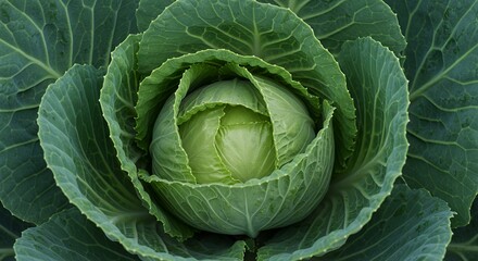Fototapeta premium Detailed Close Up of Fresh Green Cabbage Brassica Oleracea Leafy Layers in Natural Light Showcasing Intricate Botanical Texture and Organic Food Freshness Perfect for Culinary Uses