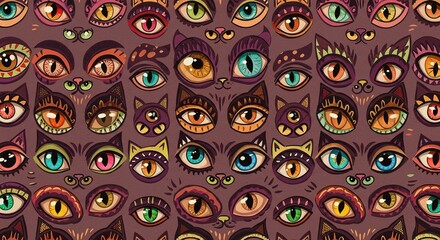 Fototapeta premium Whimsical Cat Eyes Seamless Pattern Colorful Psychedelic Artistic Feline Illustration