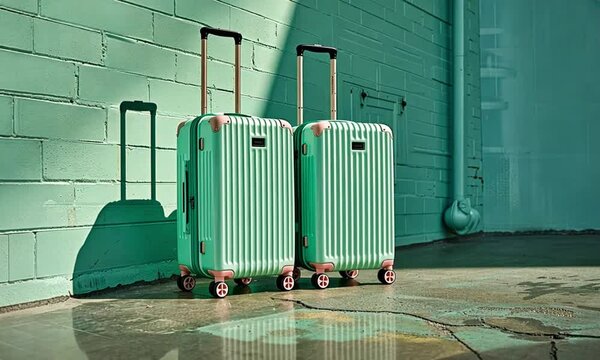 Two mint green hard-shell suitcases on pavement.