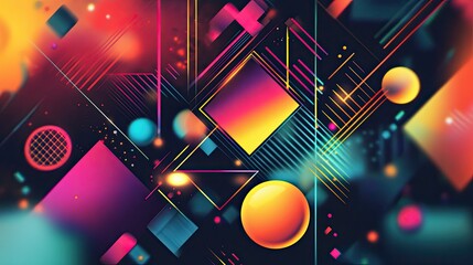 Abstract Geometric Artwork: Vibrant Shapes and Neon Lines Intertwined in a Dynamic Composition
