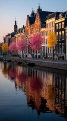 Fototapeta premium Canal lined with colorful buildings and trees, reflected in calm water