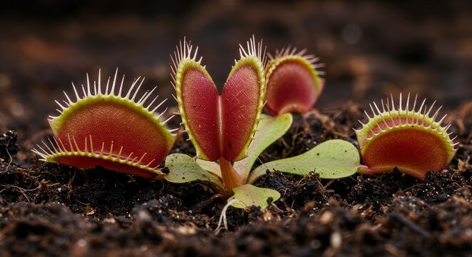 Detailed Close-Up of Venus Flytrap Dionaea Muscipula Showing Red Trap Mechanism and Root System in Natural Soil With Green Bristles Edges Botanical Plant Life