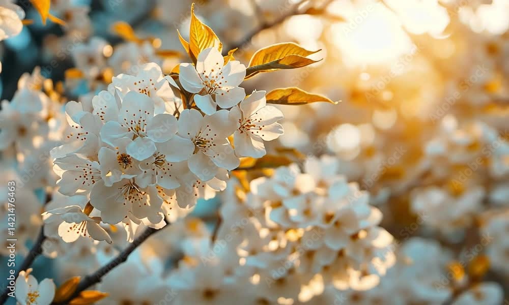 Poster Scene of a Blooming Tree in Daylight with Sunlight Filtering Through Branches Creating Stunning Light and Shadow Effects Made with Generative AI Technology