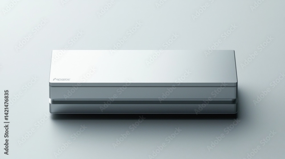 Poster sleek metallic design of a modern gadget resting on a minimalist surface in an illuminated setting