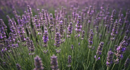 Naklejka premium Detailed Lavender Lavandula Angustifolia Field with Blooming Flower Clusters in Natural Light Showcasing Floral Details Aromatic Scenery Natural Purple Hues Perfect for Decoration