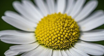 Detailed Macro of Daisy Bellis Perennis Featuring Tiny Florets with White Petals and Yellow Center with Blurred Green Background