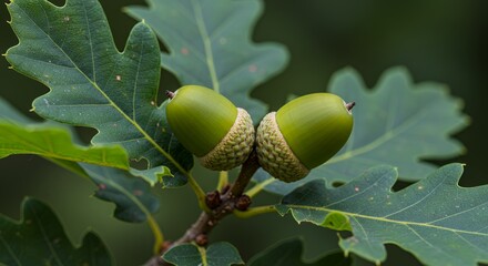 Obraz premium Detailed Oak Acorn Development Emphasizing Leaf Lobes in Natural Setting