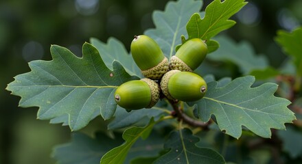 Obraz premium Detailed Oak Tree Leaves and Acorns in Natural Green Botanical Focus Shot