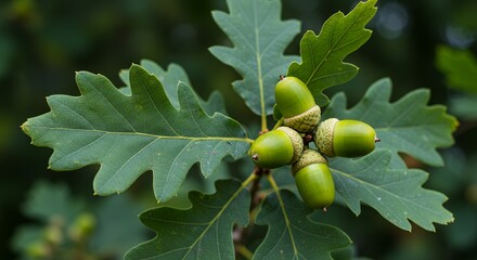 Detailed Oak Tree Quercus Robur With Green Leaves and Acorn Development Botanical Focused Real Shot