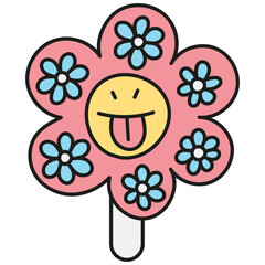 groovy ice cream, groovy boho popsicle in doodle color line style. Playful flower design with a smiling face and colorful petals.